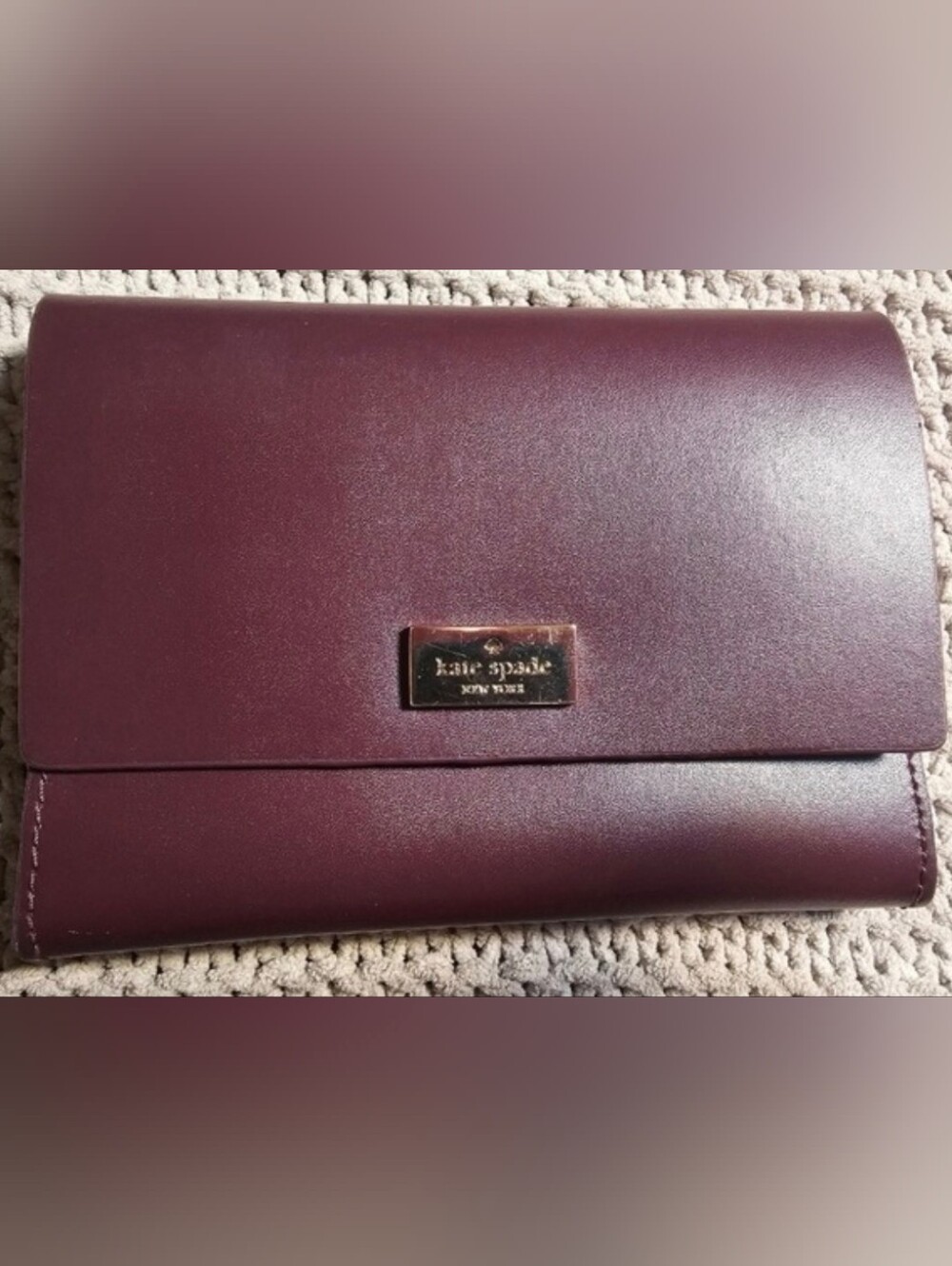 Kate Spade Deep Plum Leather Clutch Wallet with Gold Plaque